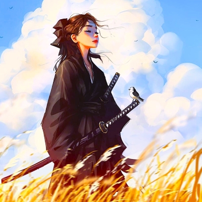 Femme samourai paisible debout dans un champ de blé face au vent